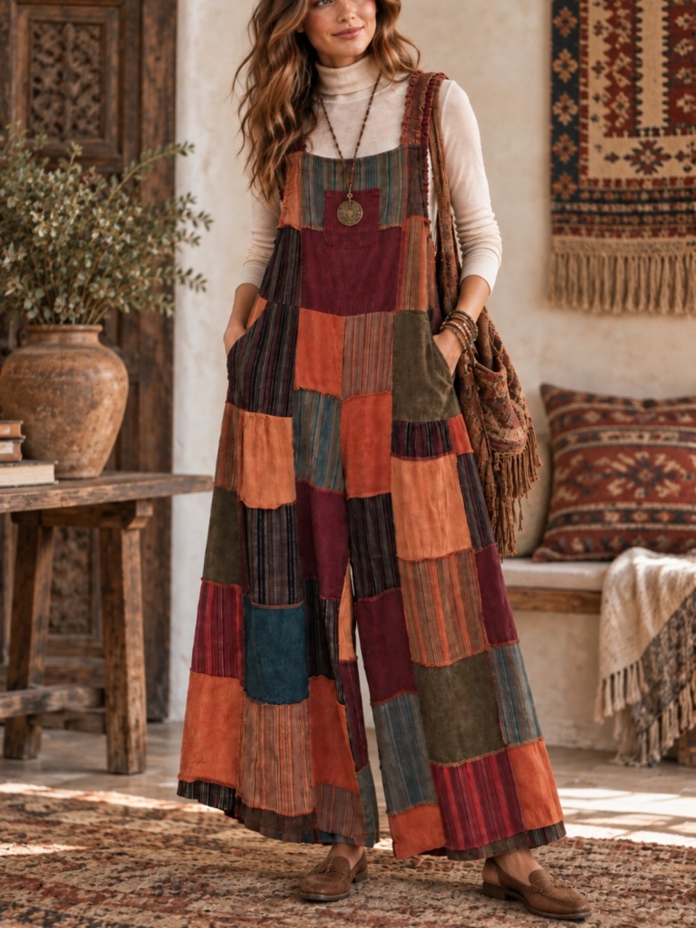 Patchwork bib overalls/one piece/jumper S/M wide leg 100% Cotton oversized Nepal